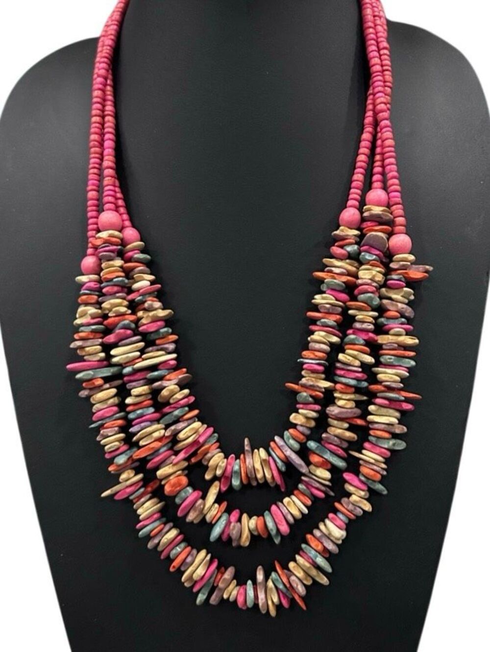 Vtg Layered Beaded Necklace 25"-27" Multicolor Wood Chip Beads Triple Strand EUC